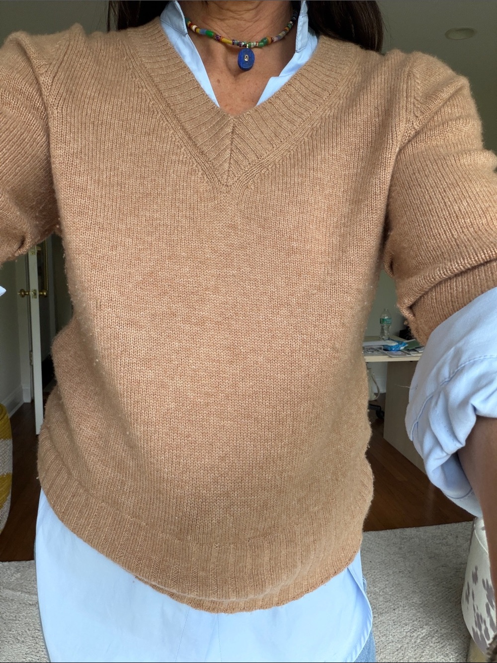 Brochu Walker Camel Sweater with Light Blue Lining Collar Shirt - Picture 5 of 9